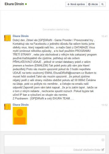 Podvodná zpráva na stránce Facebook.com